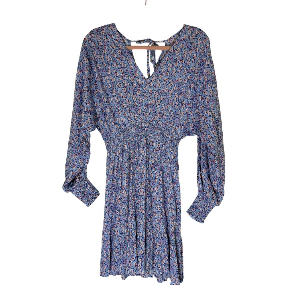 Japna Blue w/ Pink Flowers Elastic Waist & Sleeves Fit & Flare Mini Dress Size S
